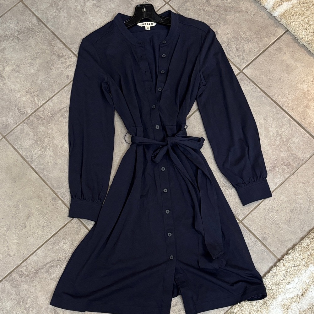 Boden Deep Navy Long-Sleeve Button Front Tie-Waist Dress